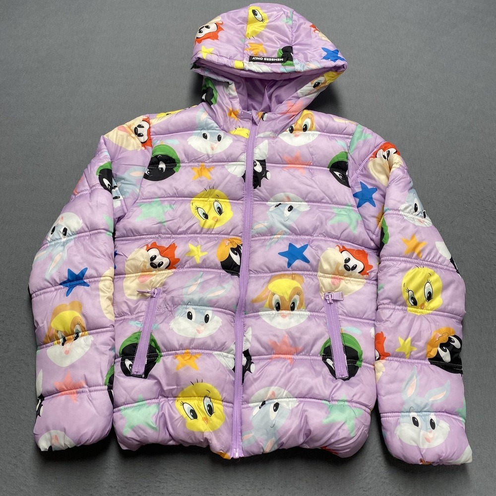 Looney Tunes Members Only Jacket Youthโ 14/16 Purple Hooded Puffer Allover Print